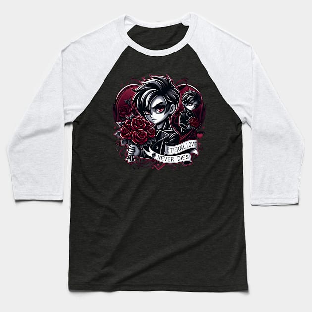 Gothic Heartbeat: 'Eternal Love Never Dies' Emblem Baseball T-Shirt by WEARWORLD